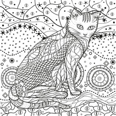Abstract pattern with ornate cat. Hand drawn abstract patterns on isolation background. Design for spiritual relaxation for adults. Black and white illustration