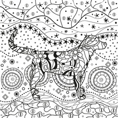 Abstract pattern. Square ornate wallpaper with dog. Hand drawn waved ornaments on white. Intricate patterns on isolated background. Design for spiritual relaxation for adults