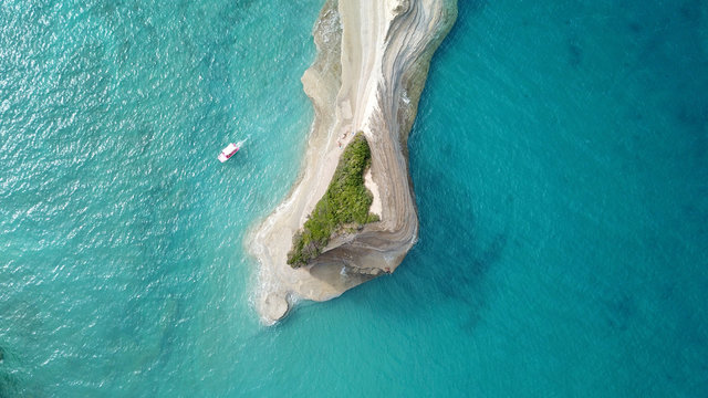 Aerial drone panoramic high resolution photo of iconic area of Sidari with steep white volcanic seascape known as canal d' Amour, Corfu, Ionian, Greece
