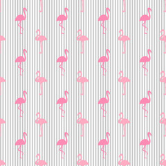 Seamless striped wallpaper with flamingos. Cartoon birds. Print for polygraphy, shirts and textiles. Abstract texture. Pattern for design. Colorful illustration