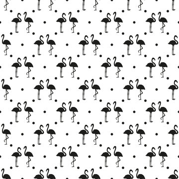 Seamless dotted wallpaper with flamingos. Hand drawn cartoon birds. Pattern for design. Black and white illustration