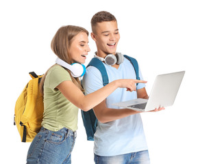 Portrait of young students with laptop on white background