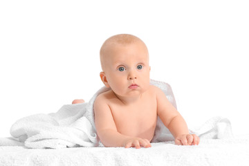 Adorable little baby with towel on white background