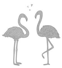 Abstract flamingos with patterns. Ornate birds. Image for polygraphy, t-shirts and textiles. Black and white illustration