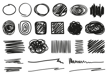 Hand drawn hatching shapes on isolated white background. Wavy tangled doodles. Black and white illustration