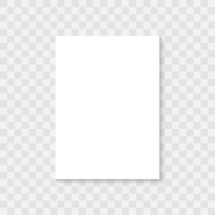 White realistic blank paper page with shadow isolated on transparent background. A4 size sheet paper. Mock up template for your design. Vector illustration