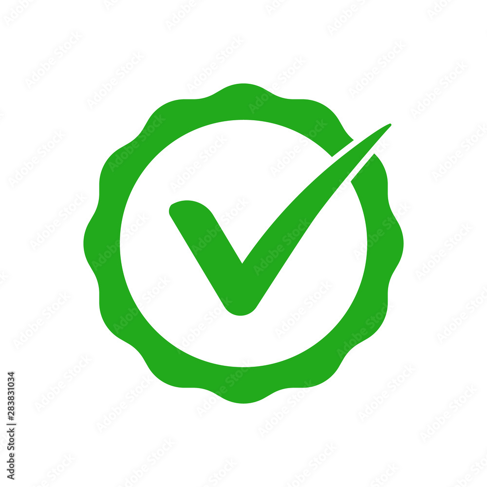 Poster valid seal icon. blue circle with ribbon outline and white tick. flat ok sticker icon. isolated on w