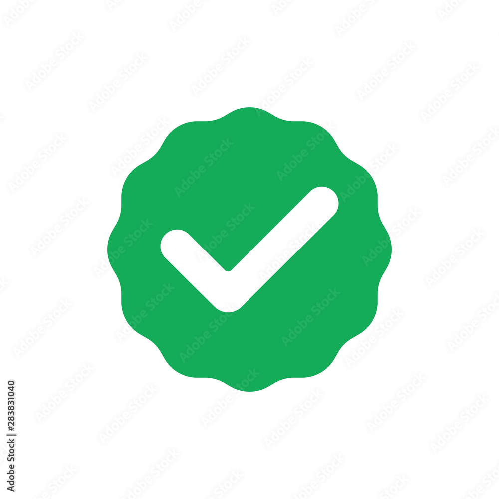 Poster valid seal icon. blue circle with ribbon outline and white tick. flat ok sticker icon. isolated on w