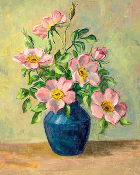 Still life oil painting depicting a pink wild rose bouquet in a blue vase. Beautiful vintage floral painting.