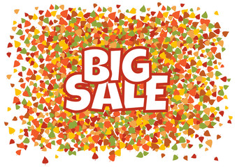 Big sale. White inscription on autumn banner with colorful different leaves. Vector illustration