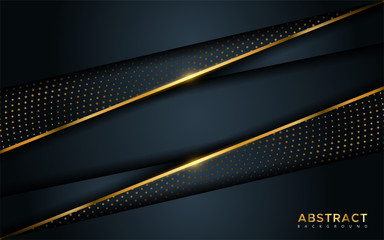 Abstract luxury dark background with golden lines and circular glowing golden dots combinations.