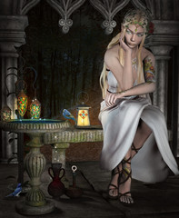Fairy queen sitting in an enchanted garden