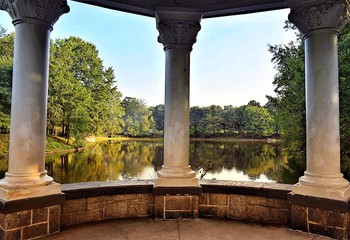 View of lake and trees from a gazebo