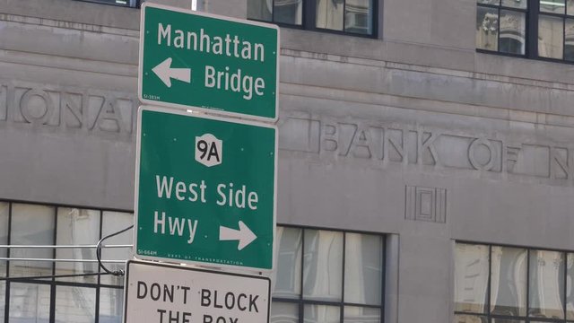 Manhattan Brodge and West Side Highway Street Signs on Intersection in New York USA, Cinematic 240fps Slow Motion