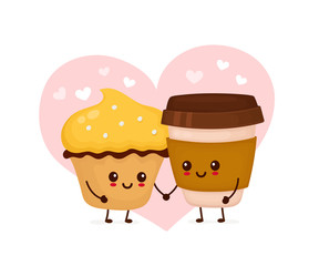 Happy cute smiling kawaii cupcake and coffee 