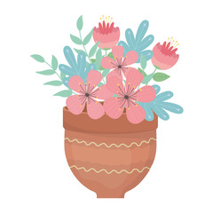 Flowers and leaves inside pot vector design