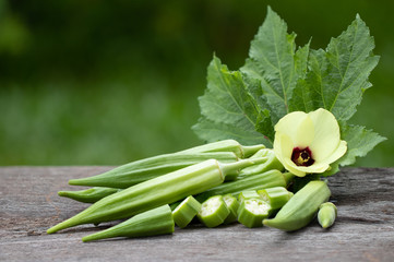 Organic food or herb plant, fresh green okra  and flower on wood background. - obrazy, fototapety, plakaty