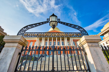 Massachusetts State House in Boston historic city center, located close to landmark Beacon Hill