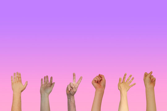 many raised hands of people, people unity concept