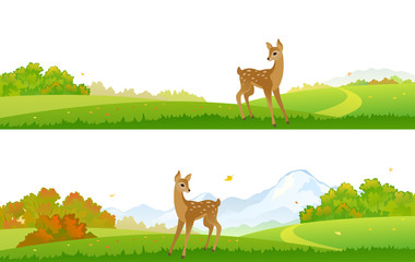 Vector drawing of autumn forest banners with a cute young deer