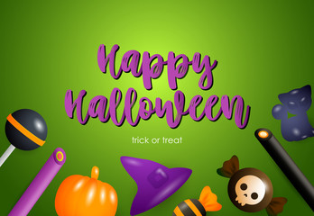 Fototapeta na wymiar Happy Halloween poster design with sweets and holiday attributes