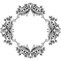 Black line art, with sketch plant of leaves and flower frame, for greeting card. Vector