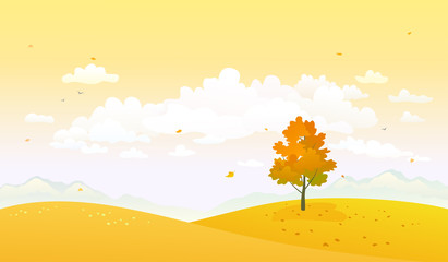 Vector illustration of autumn nature, yellow hills and sky background