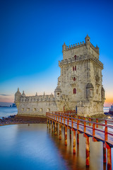 Famous Belem Tower on Tagus River in Lisbon at Blue Hour, Portugal.