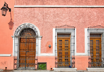Fototapeta na wymiar Monterrey, colorful historic buildings in the center of the old city (Barrio Antiguo) at a peak tourist season