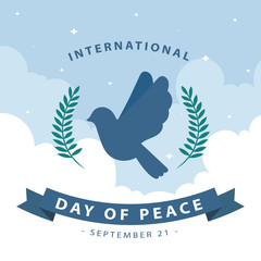 Peace dove with olive branch for International Peace Day poster, International Day of Peace vector illustration.