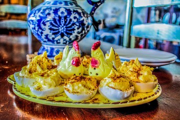 Closeup of Deviled Eggs on a platter, a southern united states traditional food