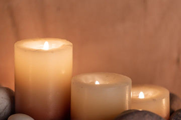 energetic stones, soft light and aromatic candles for yoga session