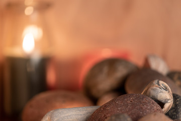 energetic stones, soft light and aromatic candles for yoga session