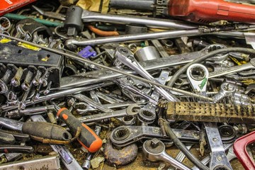 Closeup of tools on a workbench