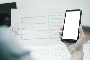 Mockup image of ux graphic designer creative smartphone application process development interface for web mobile phone, mockup concept