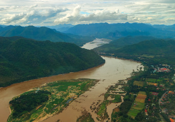 Aerial View of Mekong river and mountain, Luang Prabang, Laos