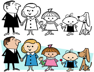 A cartoon of a family standing in a row with their pet dog. 