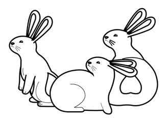 Cute three rabbits animals cartoons in black and white