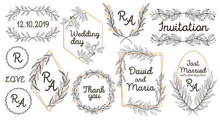 Hand sketched vector vintage elements: wreath,leaves, frame. Perfect for invitations, greeting cards, quotes, blogs Wedding Frames posters Big set