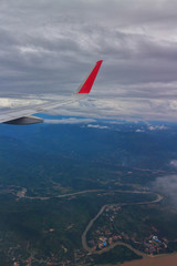 View from airplane over mountain and the Mekong river, Luang Prabang, Laos.