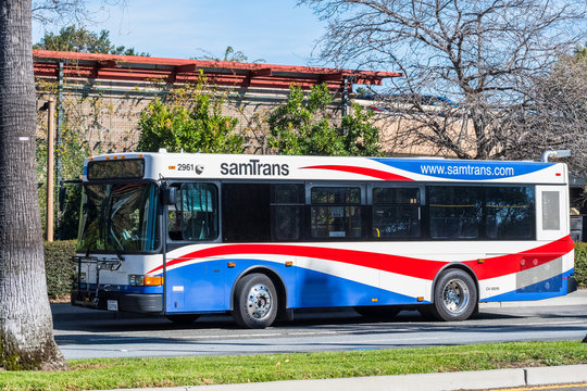 February 8, 2018 Palo Alto / CA / USA - SamTrans bus stopped at the station; SamTrans is a public transport agency in and around San Mateo county, San Francisco Bay Area, California