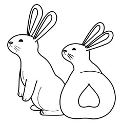 Cute two rabbits animals cartoons in black and white