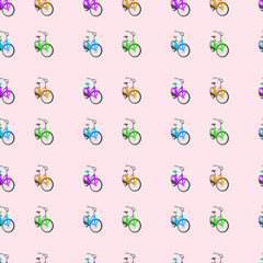 Seamless pattern of neatly arranged colorful bikes. Art collage.