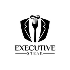 steak logo with suit and fork shape.flat black and white style.barbecue food restaurant vector.dining icon.modern logo concept