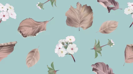 Fototapeten Botanical seamless pattern, Woolly rock jasmine flowers with dried leaves on blue, pastel vintage theme © momosama