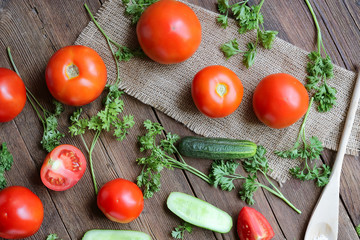 ripe vegetables on a wooden table