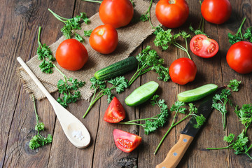 ripe vegetables on a wooden table