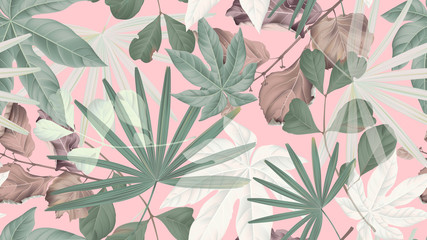 Botanisches nahtloses Muster, grüne, braune und weiße tropische Blätter auf rosa, pastellfarbenem Vintage-Thema
