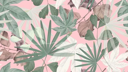 Botanisch naadloos patroon, groene, bruine en witte tropische bladeren op roze, pastel vintage thema © momosama