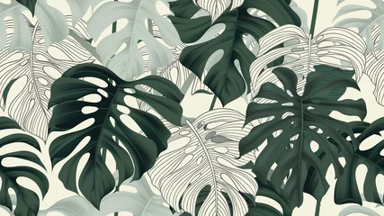 Foto op Plexiglas Vintage stijl Botanisch naadloos patroon, gespleten blad Philodendron plant op lichtgeel, pastel vintage thema